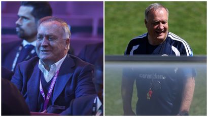 Dick Advocaat at the WC draw (left) and during a training session (©Getty images)