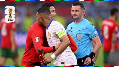 Michael Oliver with Cristiano Ronaldo and Kylian Mbappe at EURO 2024 (©Stu Forster/Getty Images)