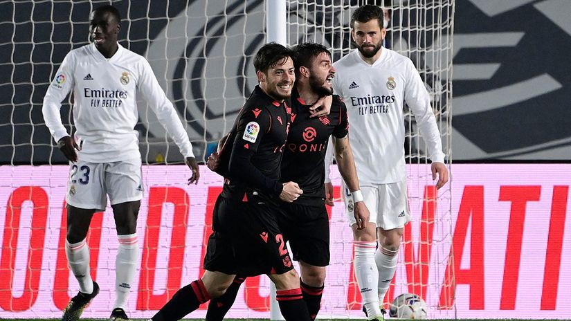 Portu and David Silva celebrating Sociedad's goal (©AFP)