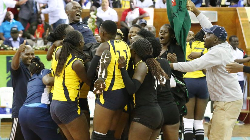 Prisons Kenya women's volleyball team celebrate victory over Kenya Pipeline 