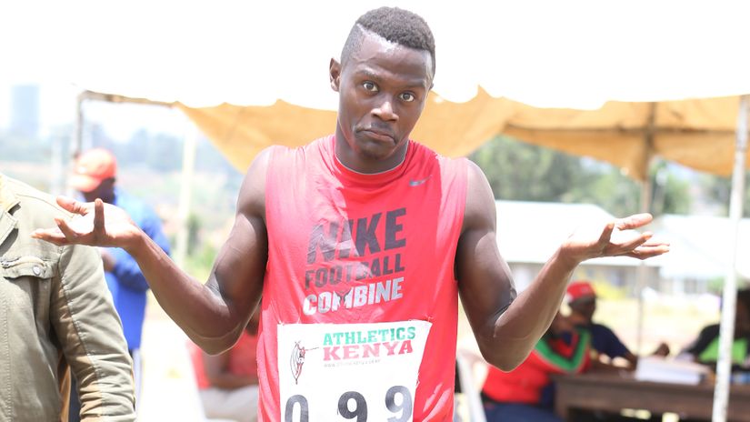 Mark Otieno reacts after winning the 100m men finals during their World relay build up championships at Nairobi West Prisons Grounds in Nairobi, Kenya on February 25, 2017.