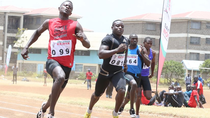Mark Otieno (L) wins the 100m men finals ahead of Ferdinand Omanyala, Emmanuel Lentukunye and Brown Njoka during a past World relay  build up championship