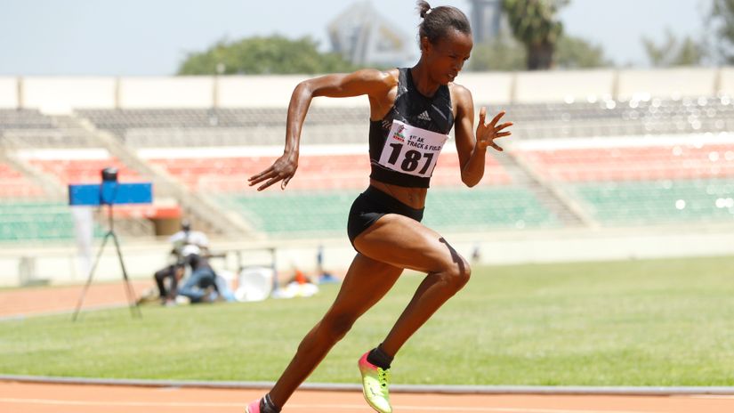 Hellen Syombua competes in 400m women Final during 1st Athletics Kenya (AK) track and field meeting at the Nyayo National Stadium on February 28, 2021.
