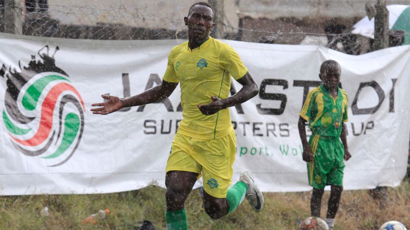 Duke Abuya celebrates scoring against Wazito FC during  Keyan Premier League match while playing for Sharks 