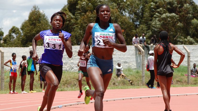 Sylvia Chesebe lead in the 800m race during a past Athletics Kenya Track and Field meet.