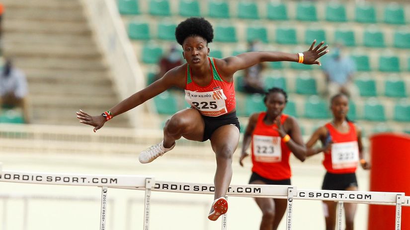 Vanice Kerubo clears a hurdle in 400m women hurdles during the World athletics continental tour Gold Nairobi meeting dubbed the Kip Keino Classic on October 3, 2020 