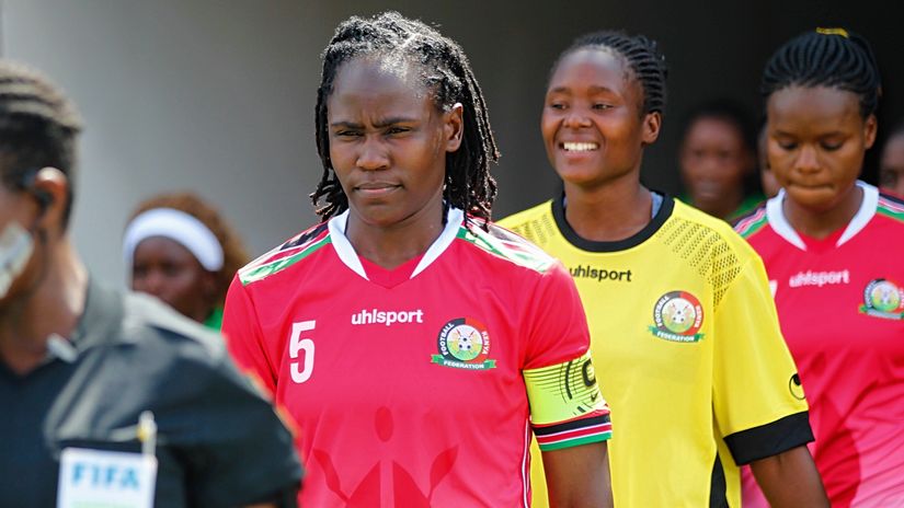 Harambee Starlets skipper Dorcas Shikobe leads his team out before their 2020 Olympics Qualifier second leg match at the Kenyatta stadium in Machakos on September 1, 2019.