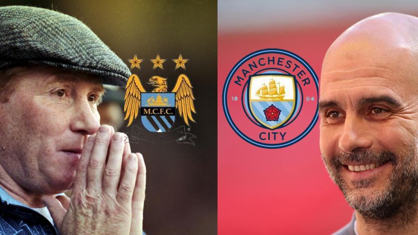 Allan Ball and Pep Guardiola with the old and new crest (©Gallo images/Mozzart Sport Kenya)