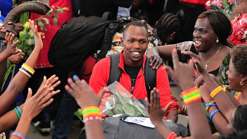 Sprinter Alphas Leken Kishoyian (400m) smiles to jubilant fans upon arrival at JKIA from the 17th edition of The 2019 IAAF World Athletics Championships held in Doha, Qatar October 7th, 2019