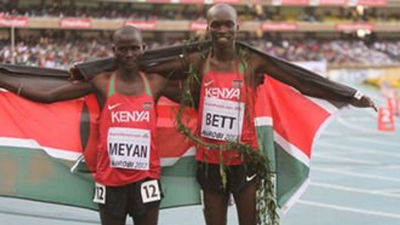 Cleophas Kandie (L) and Leonard Bett celebrate winning silver and gold respectively at the World Under-18 Athletics championships in Nairobi © Courtesy