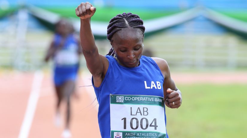 Hellen Obiri celebrates winning the 5,000m women final race during the Kenya Defence Force Athletics championship 2017