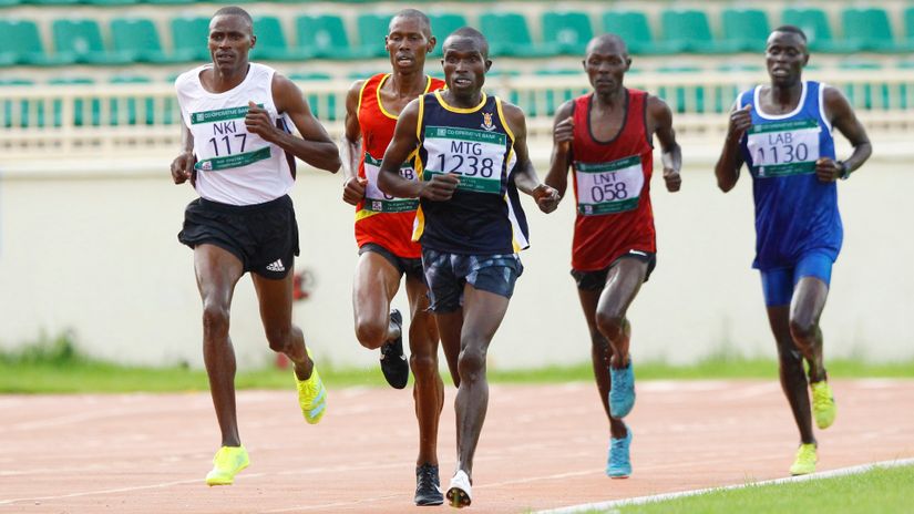 Vincent Rutto (1238) leads the pack in 3000m men SC final during the Kenya Defence Forces Athletics Championships at Nyayo National Stadium on May 19, 2021