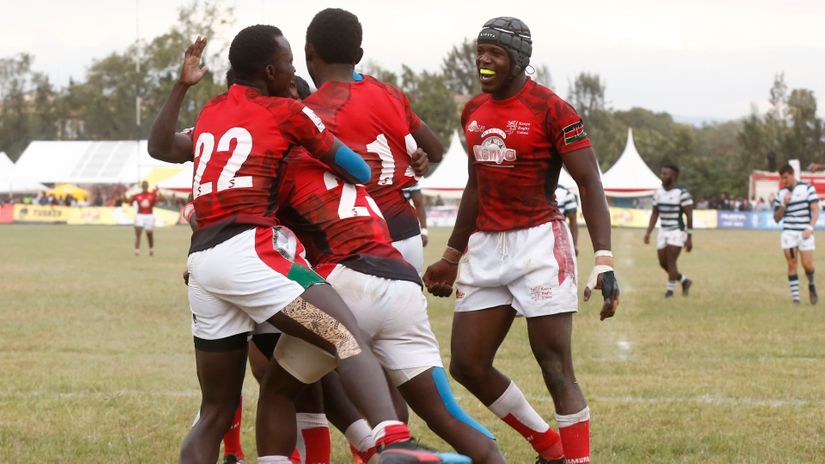 Kenya Simbas players celebrate scoring a try against Zimbabwe during their Victoria cup match at Nakuru Athletics Club on September 21, 2019.
