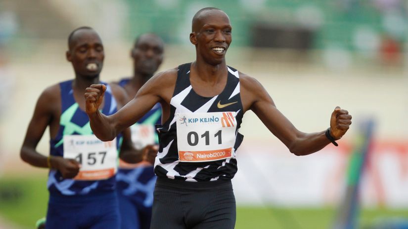 World 1500m champion Timothy Cheruiyot reacts after winning then men 1500m final during the World athletics continental tour Gold Nairobi meeting dubbed the Kip Keino Classic on October 3, 2020 