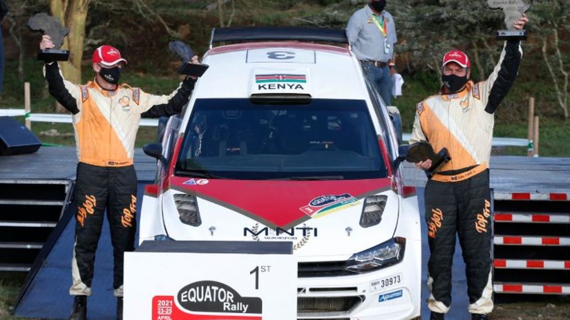 Carl Tundo and his navigator Tim Jessop celebrate their ARC Equator Rally win © Courtesy