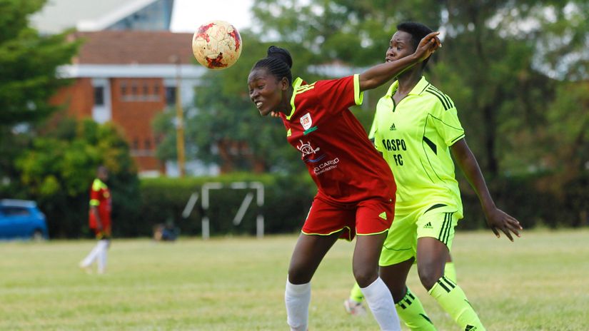 Kayole Starlets' Joan Agutu (L) challenge Gaspo FC Miriam Asangire during their WPL match at Stima Club in Nairobi on March 22, 2021. 