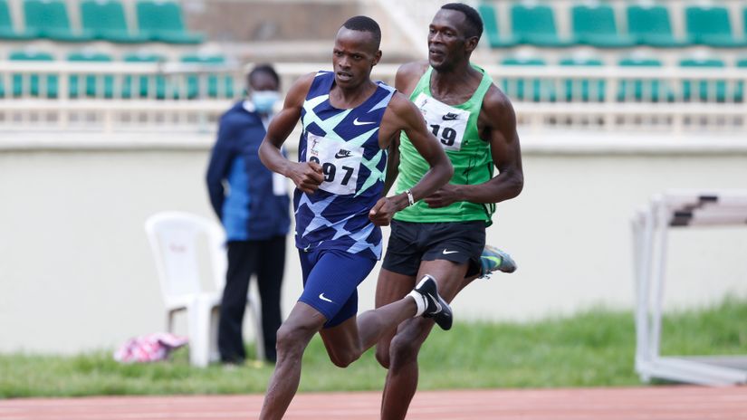 Vincent Kibet Keter on way to winning the 1500M Men final ahead of Kamar Etyang during the Athletics Kenya Pre-Trials for Olympics at Nyayo National stadium in Nairobi on May 29, 2021