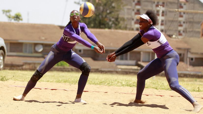 Gaudencia Makokha (L) and Naomi Too in action at a past national beach circuit event.