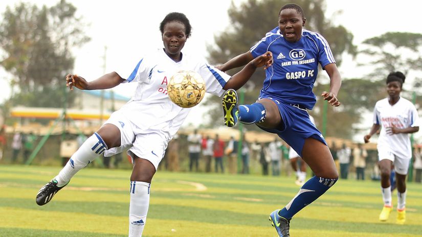 Judith Omukunde (L) of Wadadia FC contest for ball with Everlyn Naliaka of Gaspo FC during their Women Premier League match at Ruaraka sports ground in Nairobi on June 24, 2018.