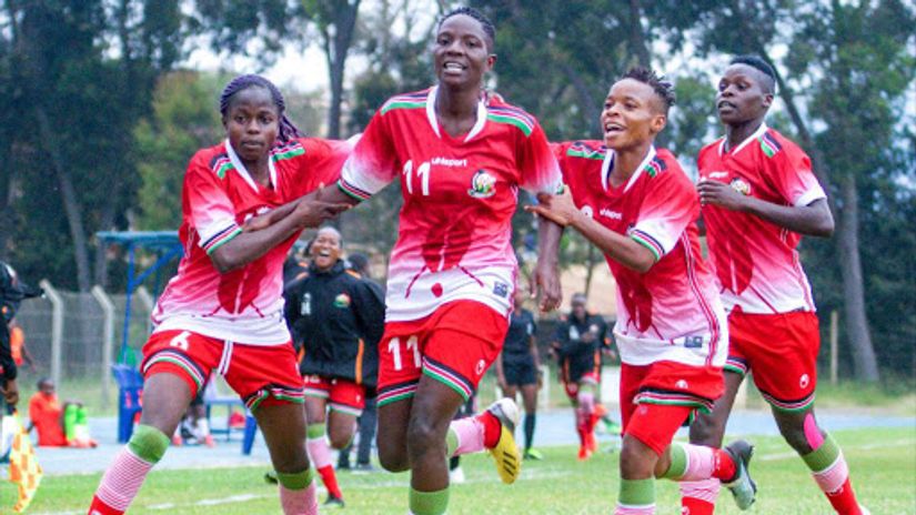 Terry Engesha (11) celebrates scoring for the national team Harambee Starlets in a past match © The Star