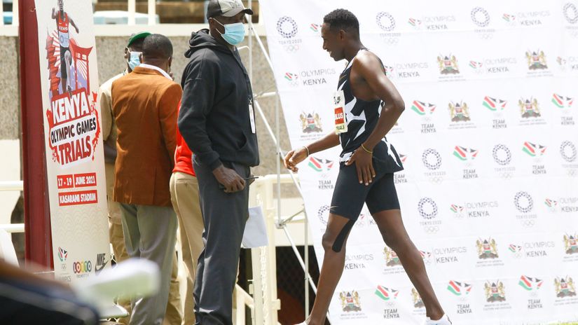 Conseslus Kipruto walks off the running track after dropping of men 3000m SC finals during the Day 3 of 2020 Tokyo Olympic trials at the MISC, Kasarani on June 19, 2021.