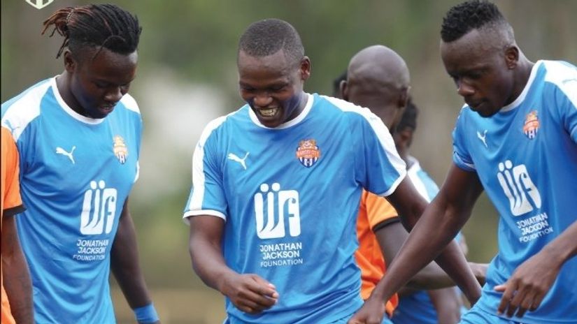 Nicholas Kipkirui celebrates with team mates after scoring. Picture Courtesy