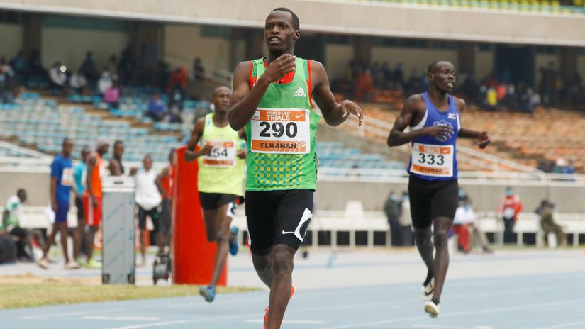 Elkanah Kiprotich reacts winning men 400m final during the Athletics Kenya Trials World U20 Championship at Moi Intetnational Sports Centre Kasarani in Nairobi, Kenya on July 03, 2021.