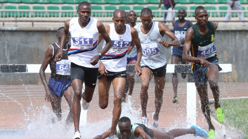 Benjamin Kigen (511) on way to winning the 3000m final during the National Athletics Championships 2019 at Nyayo National stadium in Nairobi on August 22, 2019.