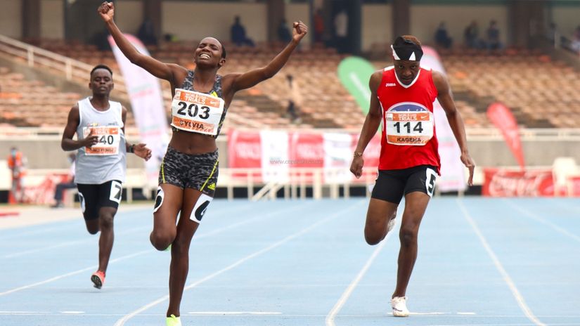 Sylvia chelagat celebrates winning 400m final at the World Athletics Under-20 Championships trials at Kasarani. 