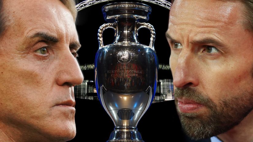 Mancini, the EURO trophy and Southgate (©Clive Rose/Getty Images)