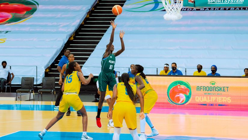 Kenya's Christine Akinyi makes an attempt against Rwanda during their FIBA Women’s Afrobasket qualifiers in the Kigali Arena in Kigali Rwanda on July 12, 2021