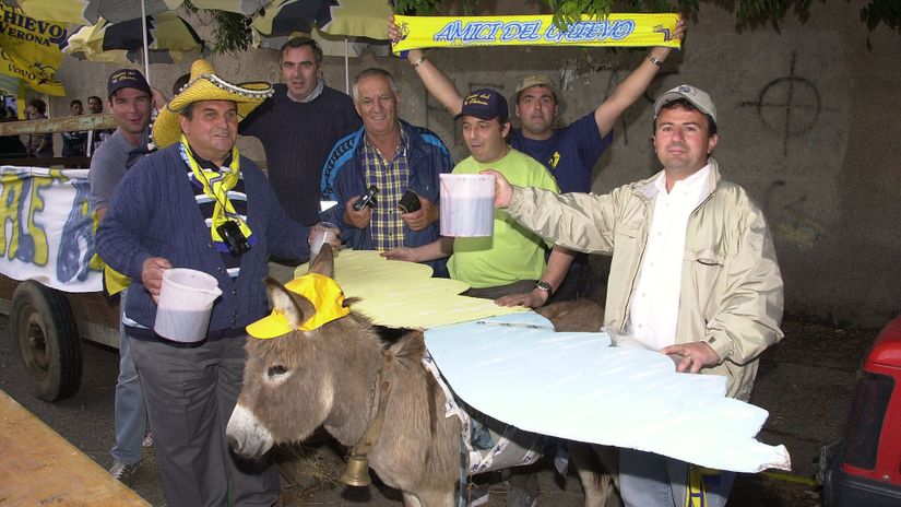 Chievo fans celebrate their team's promotion to Serie A in 2001 with their mascot, a flying donkey (©Grazia Neri/ALLSPORT)