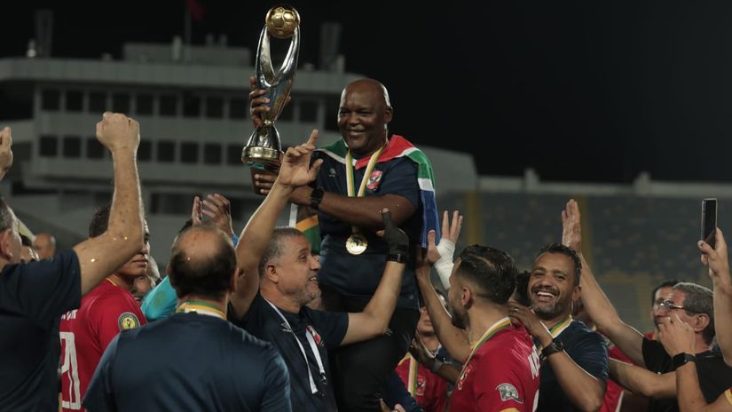 Pitso Mosimane celebrates after leading Al Ahly to consecutive African titles © Al Ahly