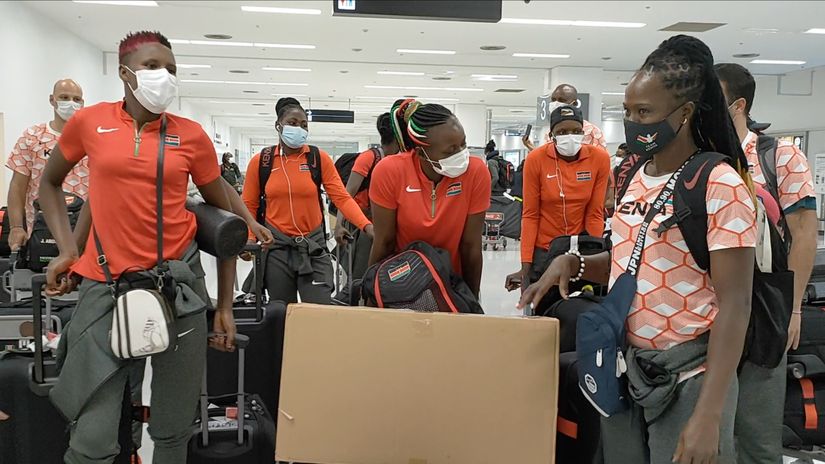 Malkia Strikers arriving in Tokyo from Kurume where they joined the rest of Team Kenya at the athletes' village. 
