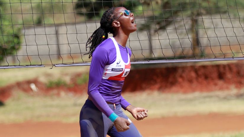Gaudencia Makokha of Aspire Sports reacts during their Women's Kenya Beach Volleyball Circuit match Kenya Pipeline at Strathmore University on January 03, 2019
