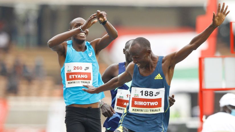 Charles Simotwo crosses the finish line, ahead of Kamar Etyang, to win men 1500m final during the Day 3 of 2020 Tokyo Olympic trials at the MISC, Kasarani on June 19, 2021