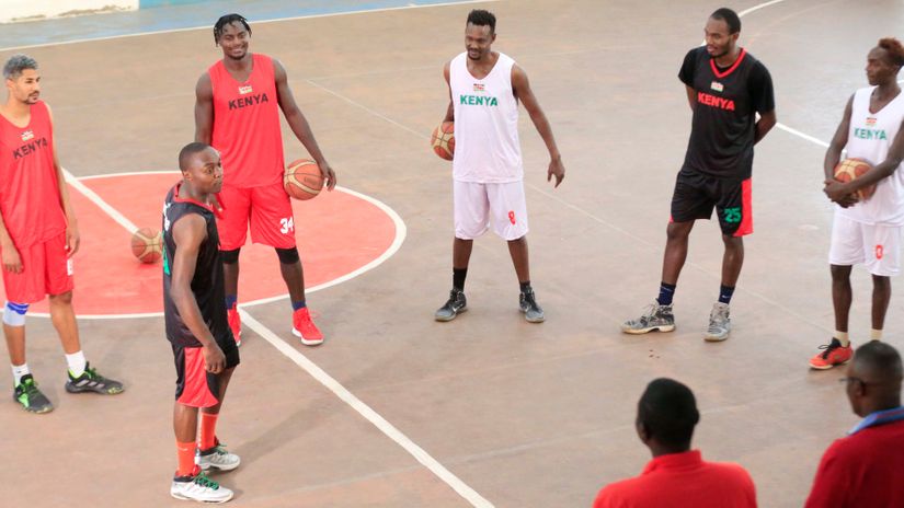 The national men basketball Morans players, From Left; Preston Bungei, Eric Mutoro, Valentine Nyakinda, Victor Odendo, Fidel Okoth and Ken Wachira during evening training season at Nyayo stadium on November 12, 2020 ahead of the upcoming Afrobasket qualifiers set to take place in Kigali, Rwanda from 25th to 29th November 2020