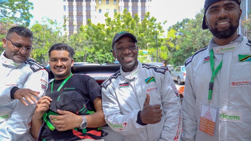 FIA Rally Star Kenya crew of ( Left-Right) Shameer Yusuf, Hamza Anwar, Laban Cliff, and Victor Okundi enjoy a light moment during the ceremonial start of the African Rally Championship in Tanzania on 23rd July 2021.