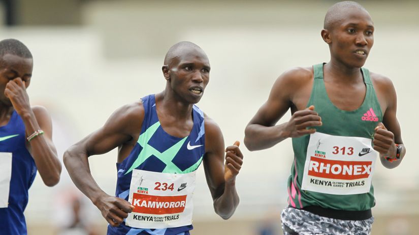 Geoffrey Kamwor (L) and Rhonex Kipruto during the Day 2 of 2020 Tokyo Olympic trials at the MISC, Kasarani on June 18, 2021