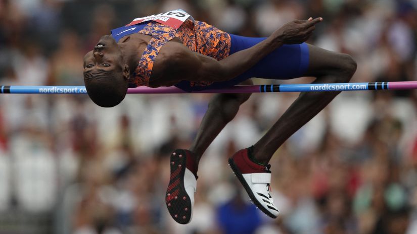 Kenya's Mathew Sawe competes in the Men's High Jump event during the the IAAF Diamond League Anniversary Games athletics meeting at the London Stadium in London on July 21, 2019.