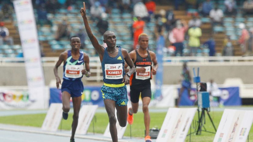 Nicholas Kimeli (R) leads Daniel Simiyu to win men 5000m finals during the Day 3 of 2020 Tokyo Olympic trials at the MISC, Kasarani on June 19, 2021.