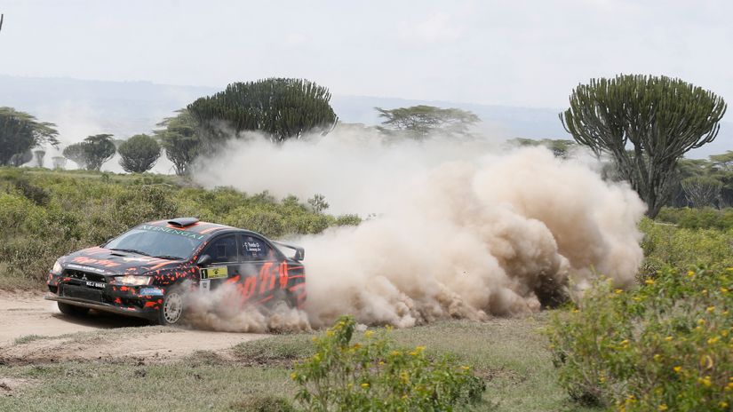 Carl Tundo navigated by Tim Jessop driving Mitsubishi Lancer zooms during the 2019 FIA African Rally championship at Kedong Ranch in Naivasha on July 07, 2019.