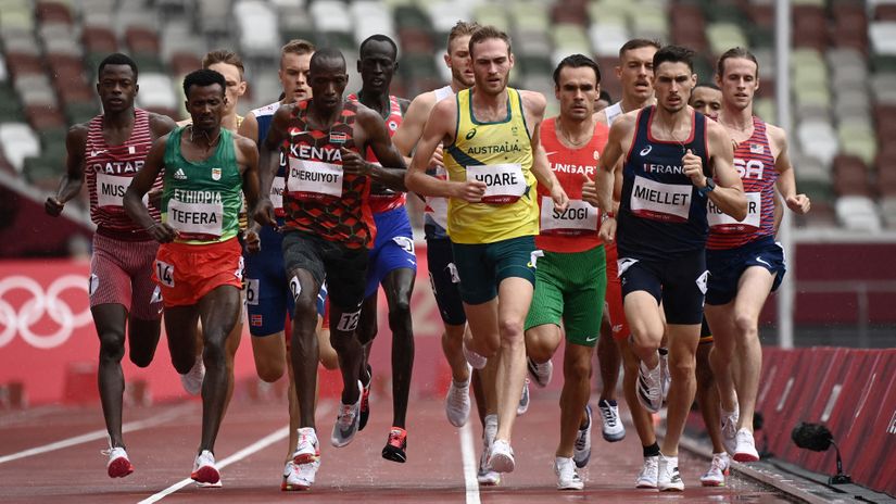(From L) Qatar's Adam Ali Musab, Ethiopia's Samuel Tefera, Kenya's Timothy Cheruiyot, Australia's Oliver Hoare, Hungary's Istvan Szogi and France's Alexis Miellet compete in the men's 1500m heats during the Tokyo 2020 Olympic Games at the Olympic Stadium in Tokyo on August 3, 2021.
