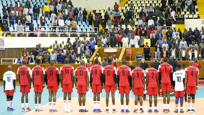 Kenya team players line-up against Egypt during their All Africa Games zone five champions match at the Kasarani Gymnasium in Nairobi on June 05, 2019.