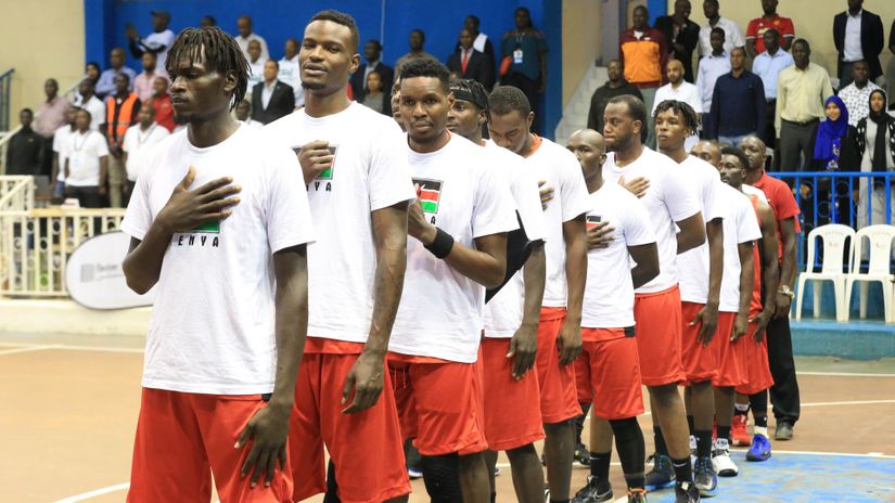 Kenya Morans players reacts during their FIBA AfroBasket 2021 Qualifiers match against Somalia at Nyayo Gmnasium stadium in Nairobi on January 15, 2020