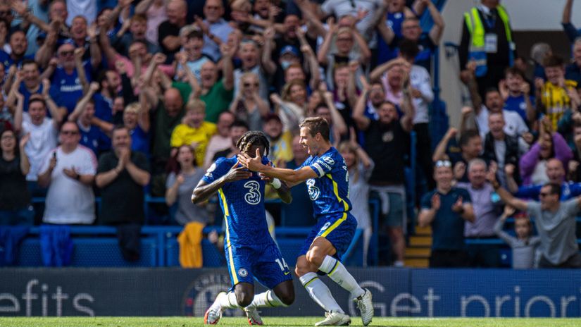 Chalobah celebrates his debut goal with Azpilicueta in front of packed Stamford Bridge (©Sebastian Frej/MB Media/Getty Images)