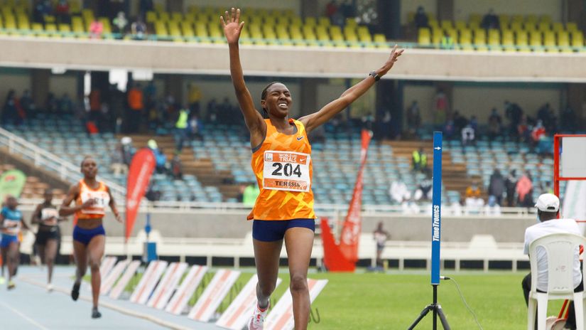 Teresia Muthoni celebrates winning women 3000m final during the Athletics Kenya Trials World U20 Championship at Moi Intetnational Sports Centre Kasarani in Nairobi, Kenya on July 03, 2021.