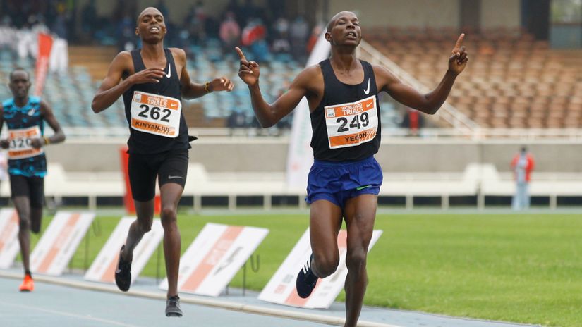 Benard Kibet Yegon (249) wins men 3000m final ahead of Daniel Kinyanjui (262) during the Athletics Kenya Trials World U20 Championship at Moi Intetnational Sports Centre Kasarani in Nairobi, Kenya on July 03, 2021.