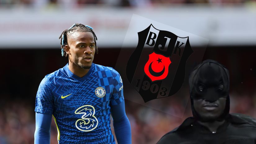 Michy Batshuayi in Chelsea shirt and as Batman (©Matthew Ashton - AMA/Getty Images - Screenshoot/Besiktas Twitter)