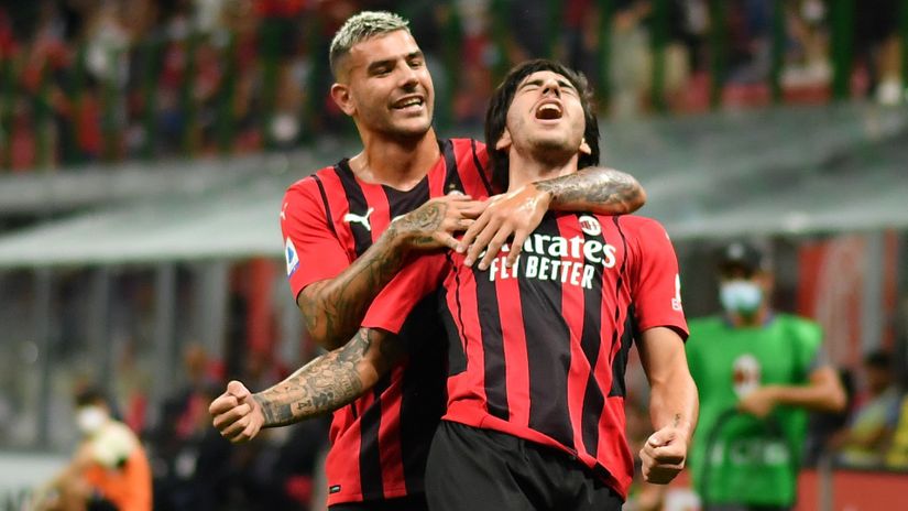 Tonali celebrates his maiden goal with his teammates Hernandez (©REUTERS/Daniele Mascolo Details)